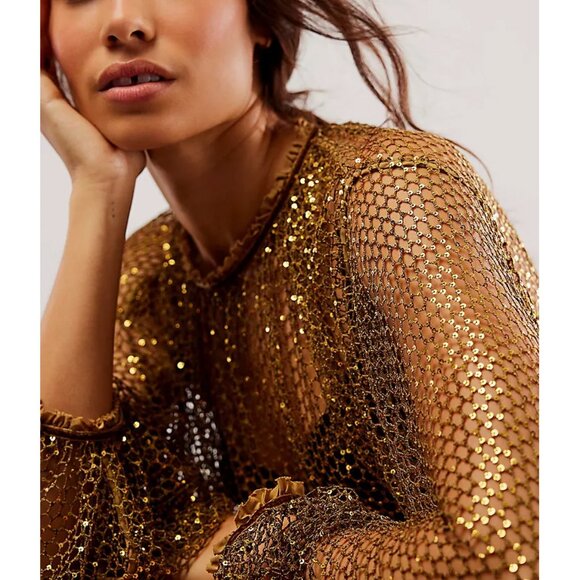 Free People Gold Sheer Blouse - Picture 2 of 10